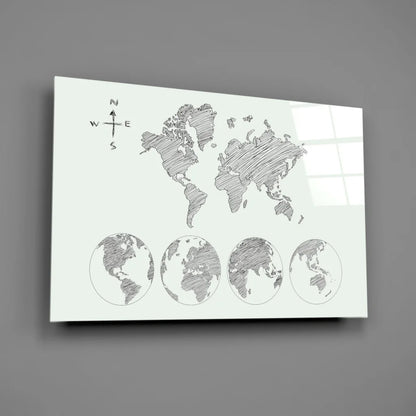 Sleek minimalist world map glass wall art in hand-drawn black ink on glossy white canvas