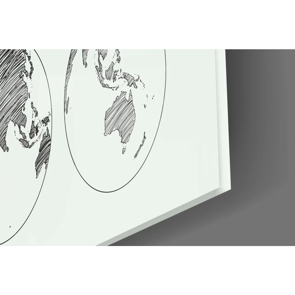 Stunning minimalist world map glass wall art with black sketch globes on white canvas