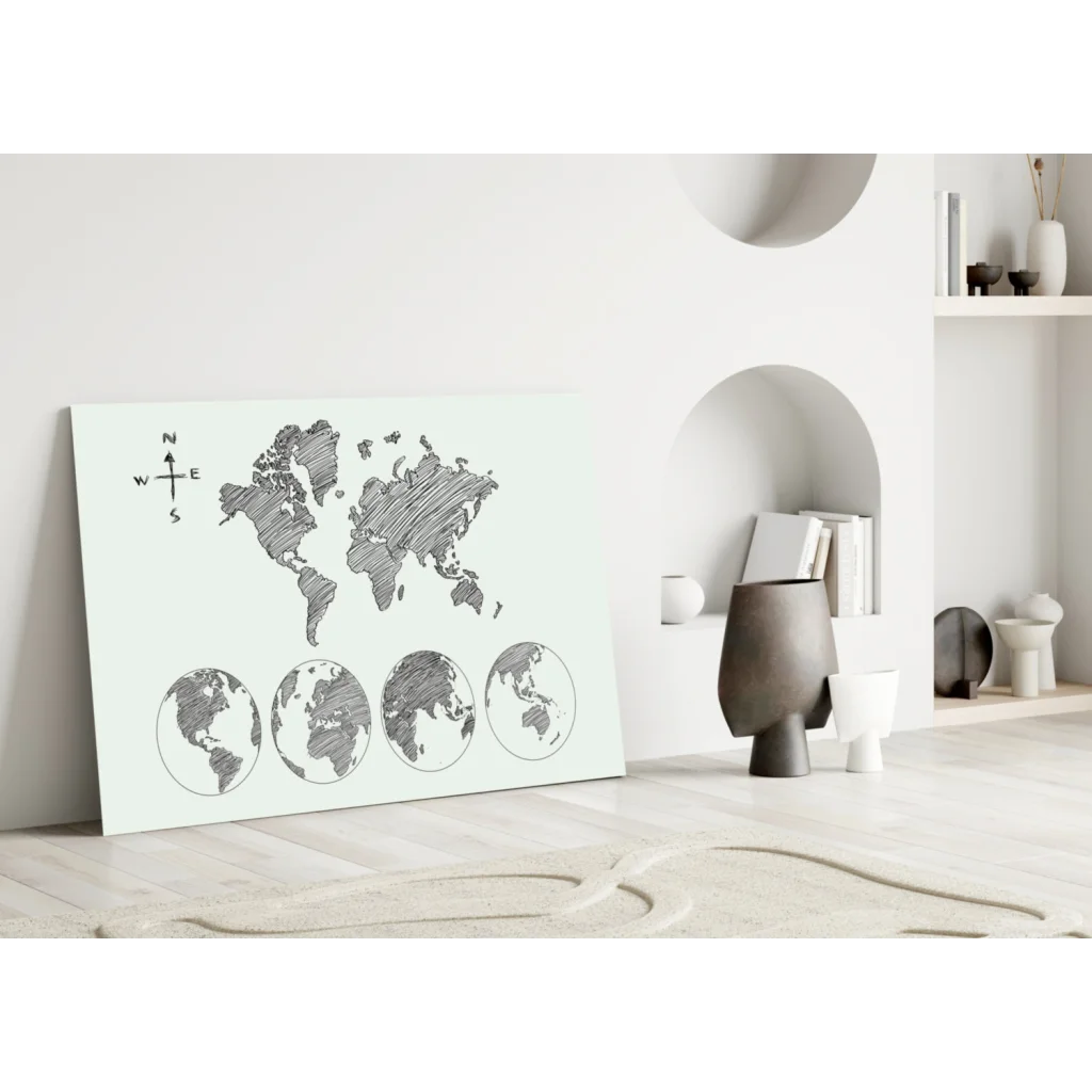 Stunning minimalist world map glass wall art canvas print