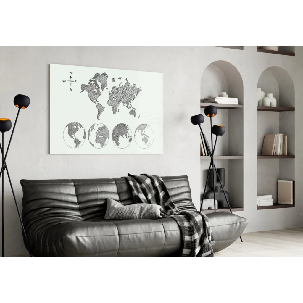 Minimalist white world map glass wall art with black lines and globe icons