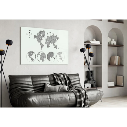 Minimalist white world map glass wall art with black lines and globe icons