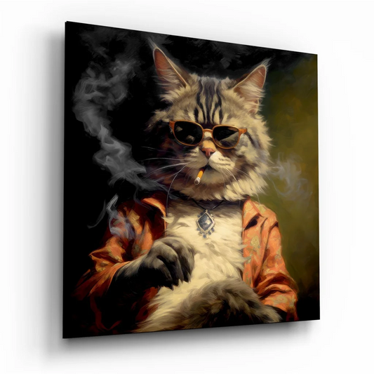 Cool tabby cat in orange jacket on tempered glass art print