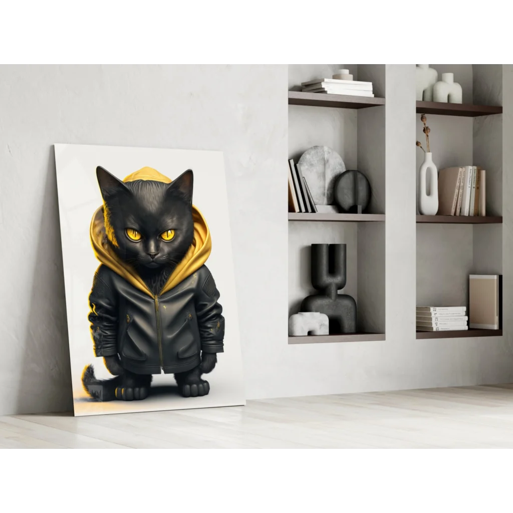 Cool black cat in yellow hoodie glass wall art portrait