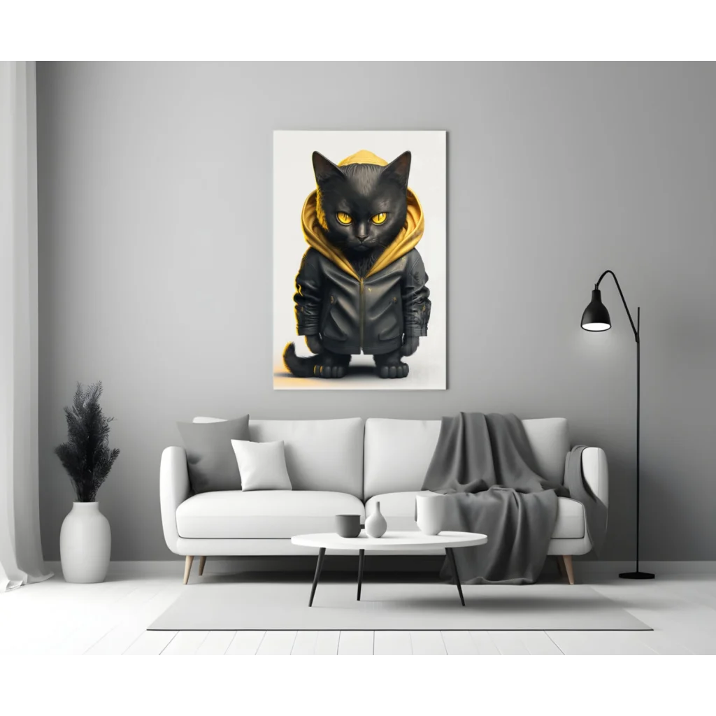 Cool black cat in yellow hoodie glass wall art portrait