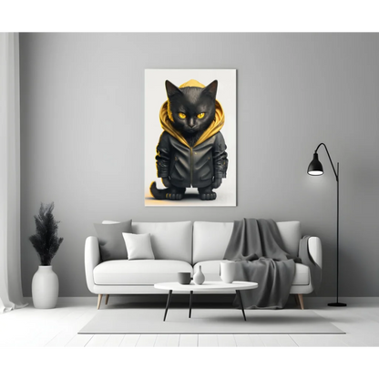 Cool black cat in yellow hoodie glass wall art portrait