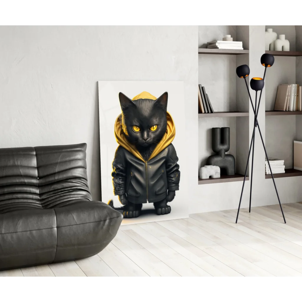 Cool black cat in yellow hoodie glass wall art portrait on white wall