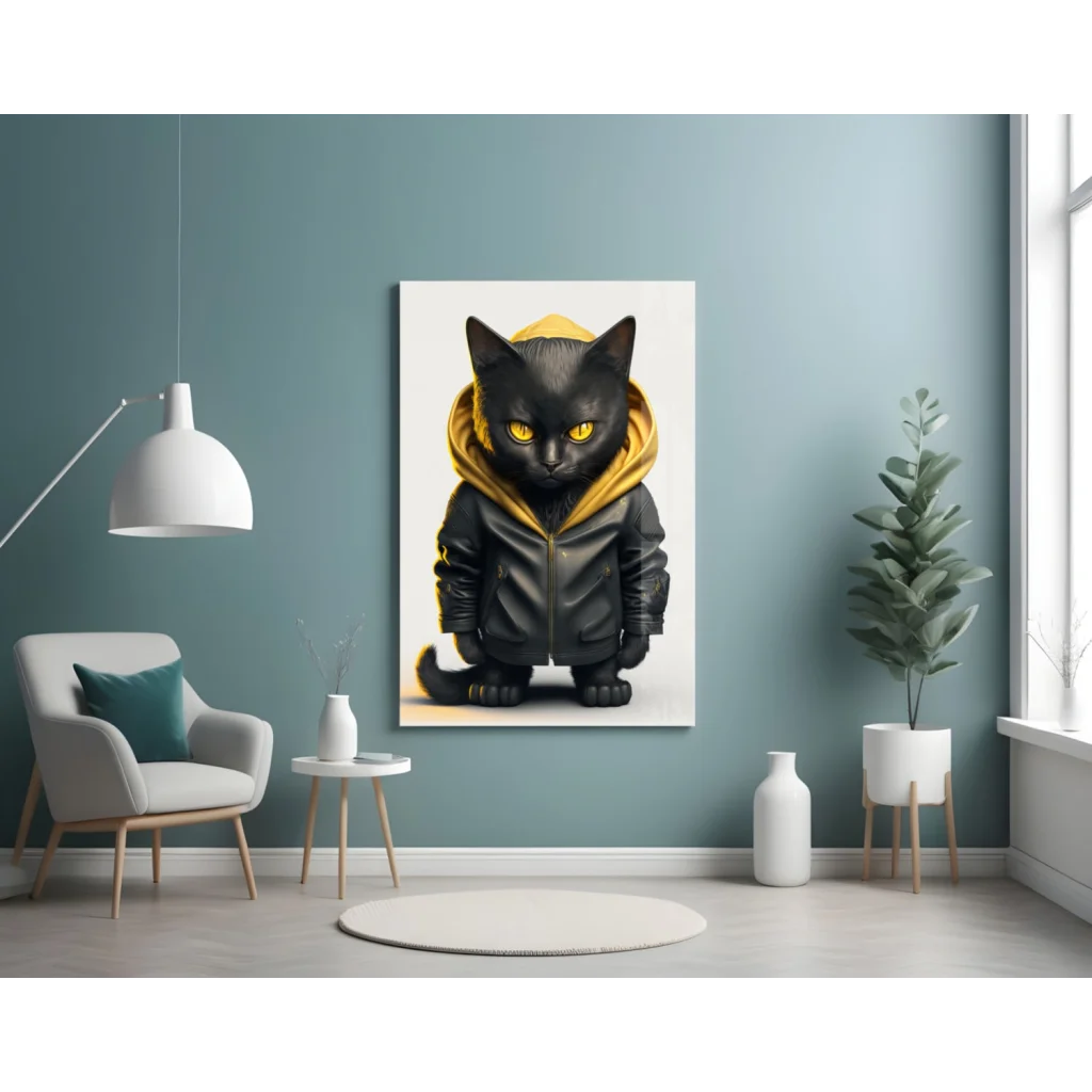 Cool black cat in yellow hoodie with glowing eyes on glass wall art