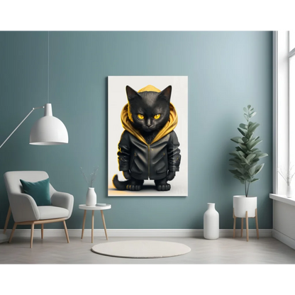 Cool black cat in yellow hoodie with glowing eyes on glass wall art