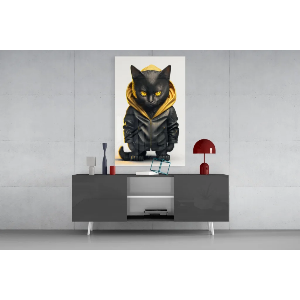 Cool black cat in yellow hoodie glass wall art portrait