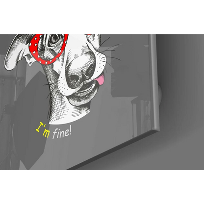 Stylized black-and-white dog in red polka-dot sunglasses on cool glass wall art with Im fine typography