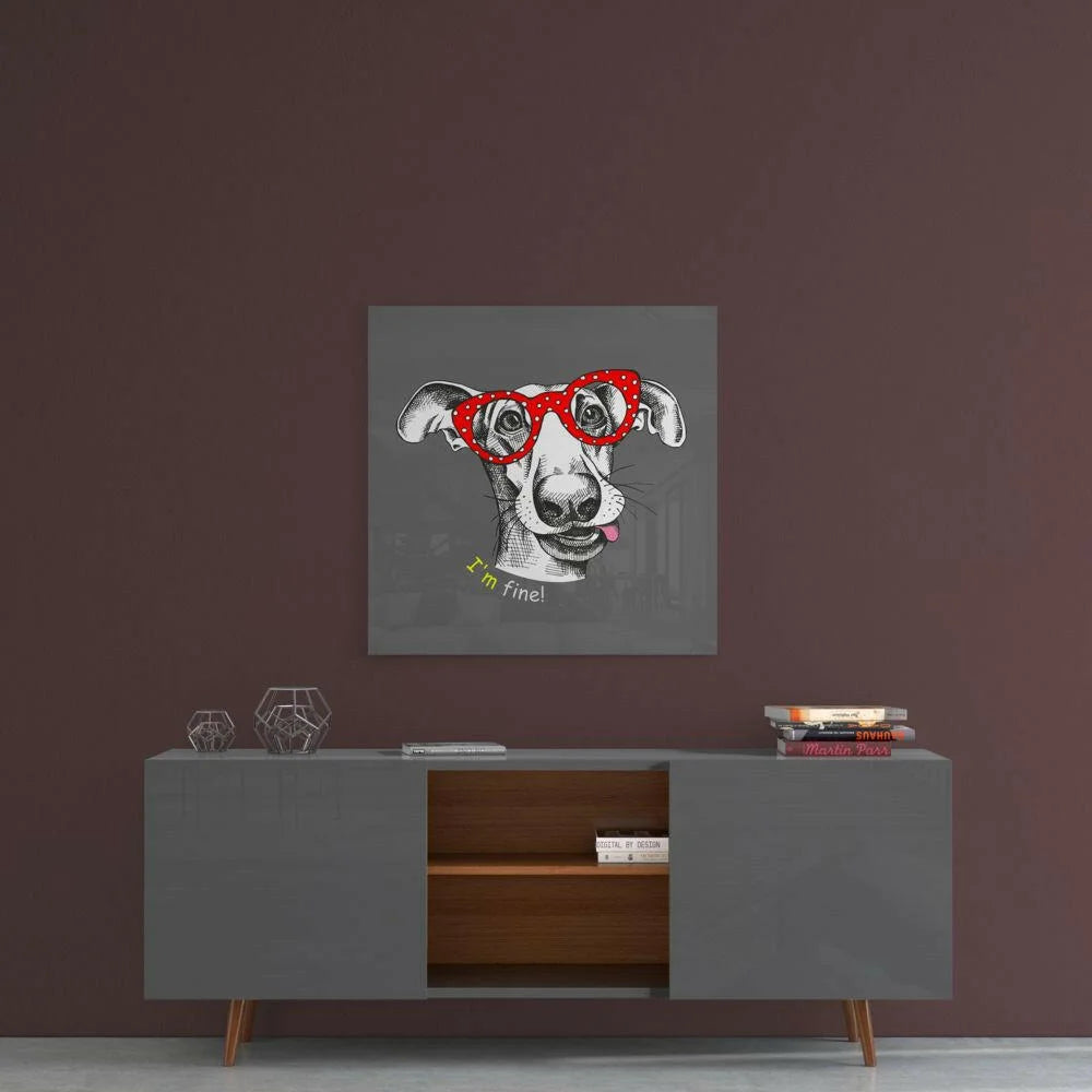 Cool dog in red polka-dot glasses on gray canvas glass wall art with Im fine typography