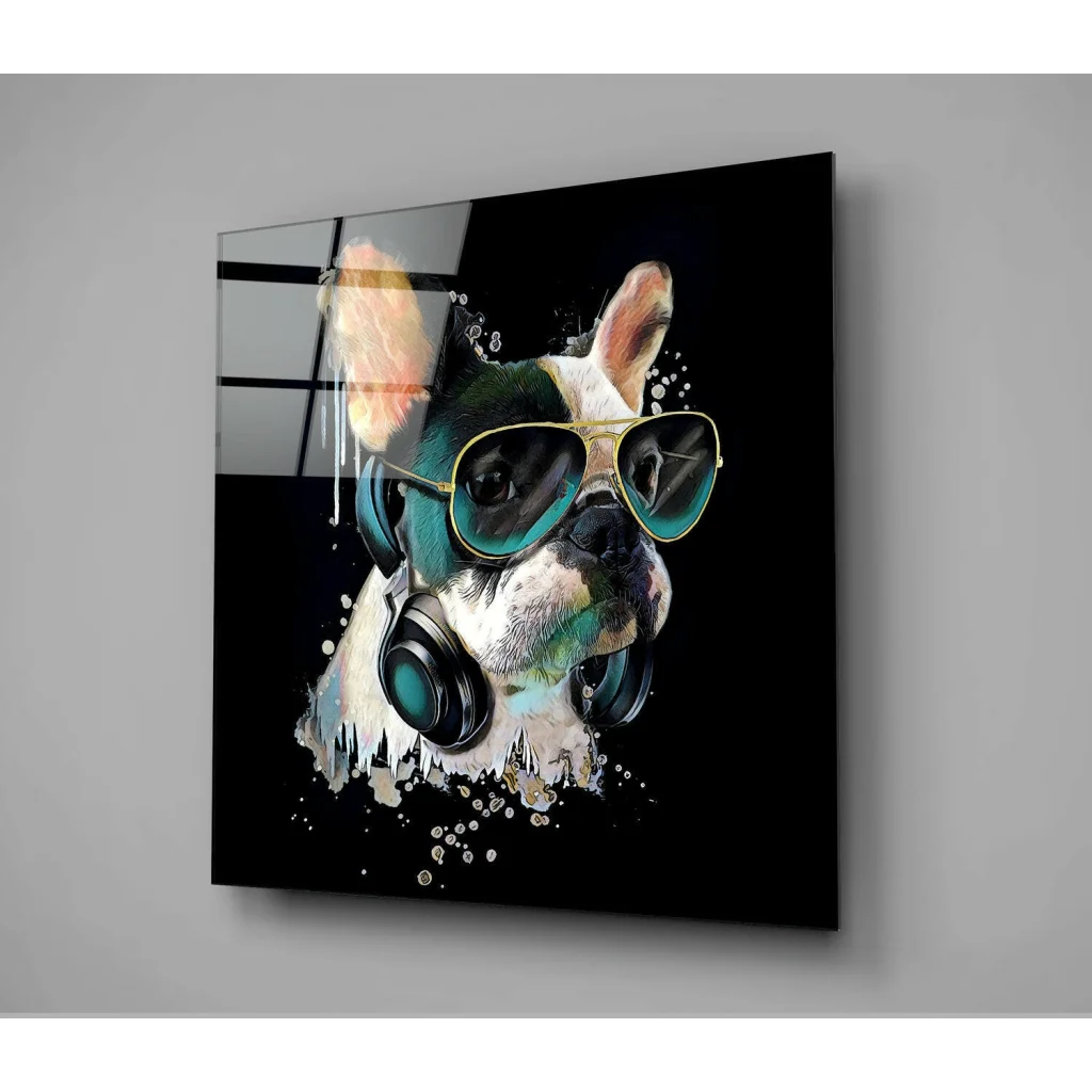 Cool black and white dog wall art print with sunglasses and headphones