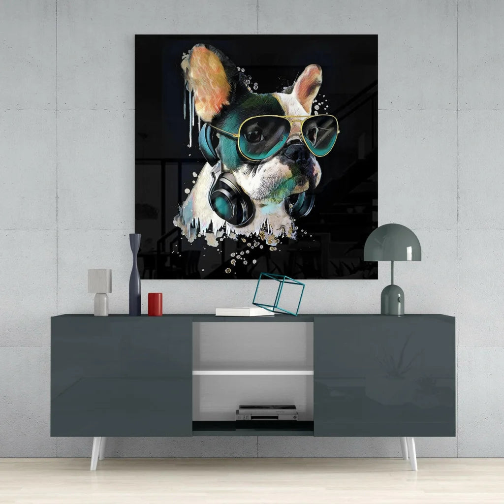 Cool gas mask dog wall art print with headphones and sunglasses