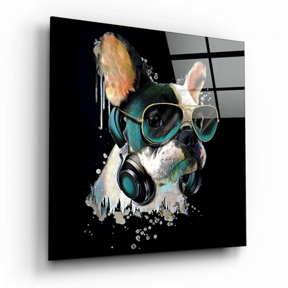 Cool green and white French Bulldog wall art print with headphones