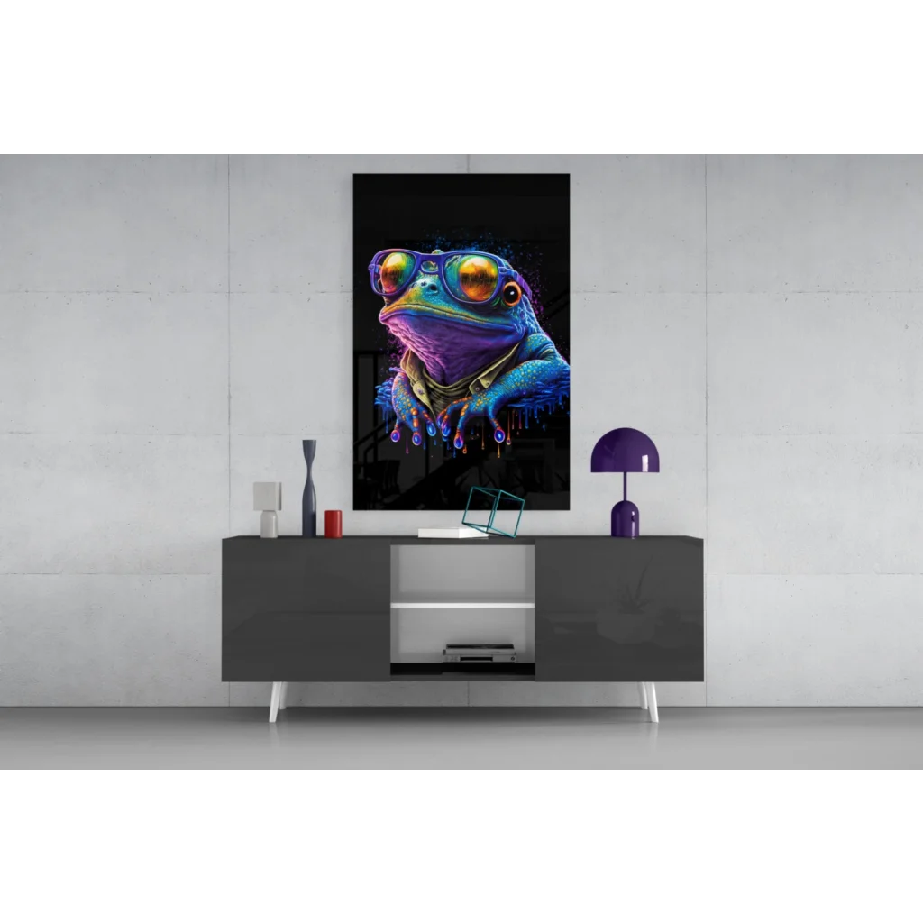 Vibrant neon frog in goggles and gold chain on glass wall art