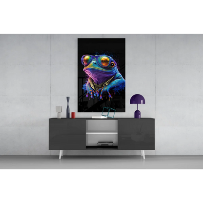Vibrant neon frog in goggles and gold chain on glass wall art