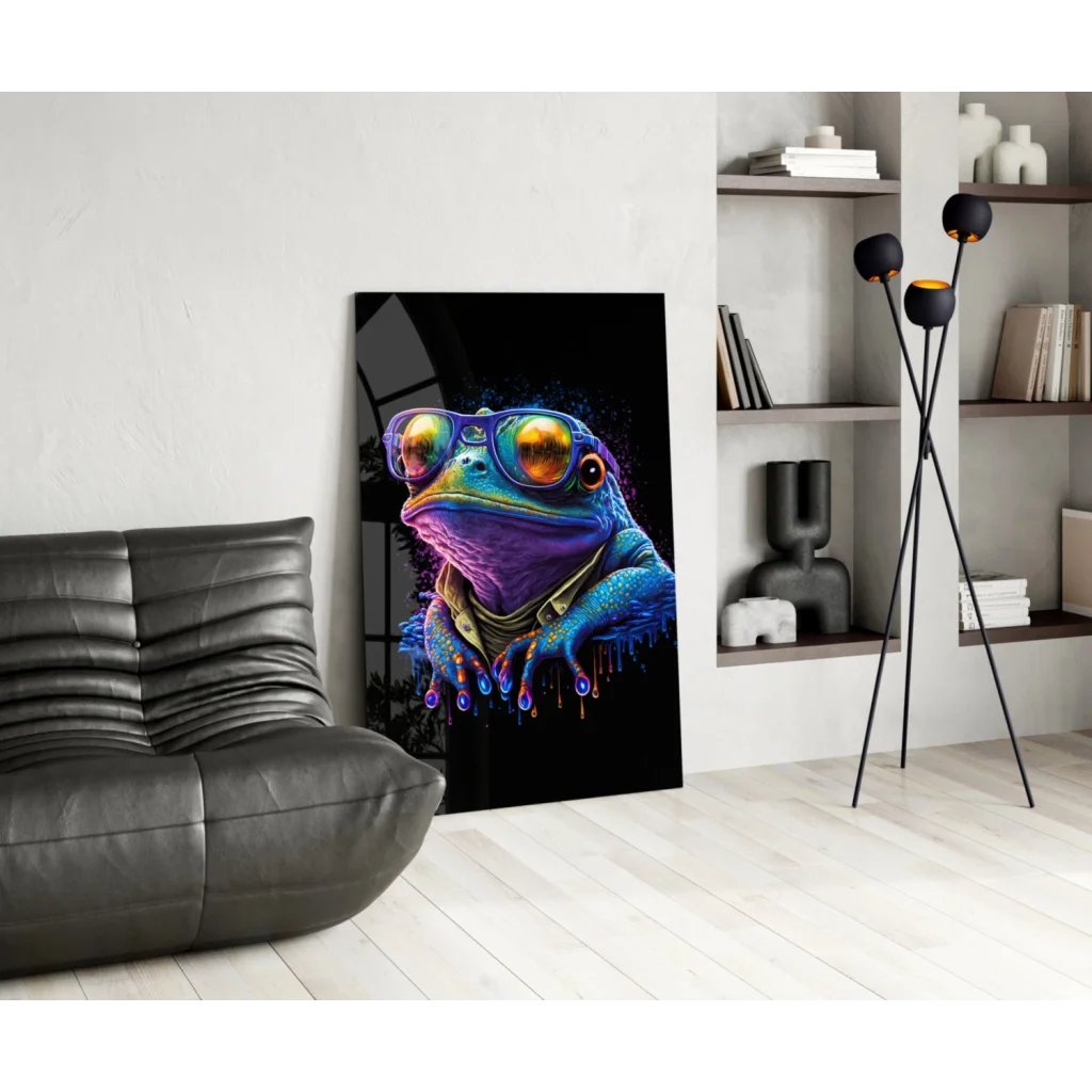 Vibrant neon-blue purple frog in reflective goggles on glass wall art