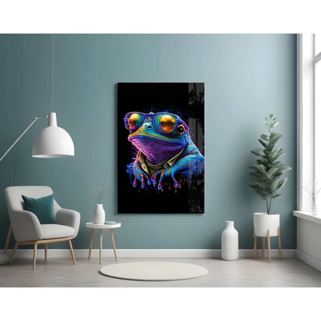 Neon Frog Glass Wall Art with Reflective Goggles and Paint Drips | Contemporary Home Wall Art | vintageantiquesgifts.com