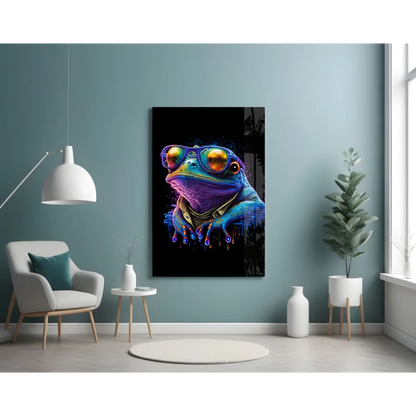 Neon Frog Glass Wall Art with Reflective Goggles and Paint Drips | Contemporary Home Wall Art | vintageantiquesgifts.com