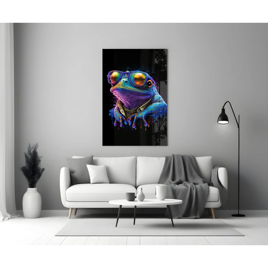 Neon Frog Glass Wall Art with Reflective Goggles and Paint Drips | Modern Wall Art Decor | vintageantiquesgifts.com