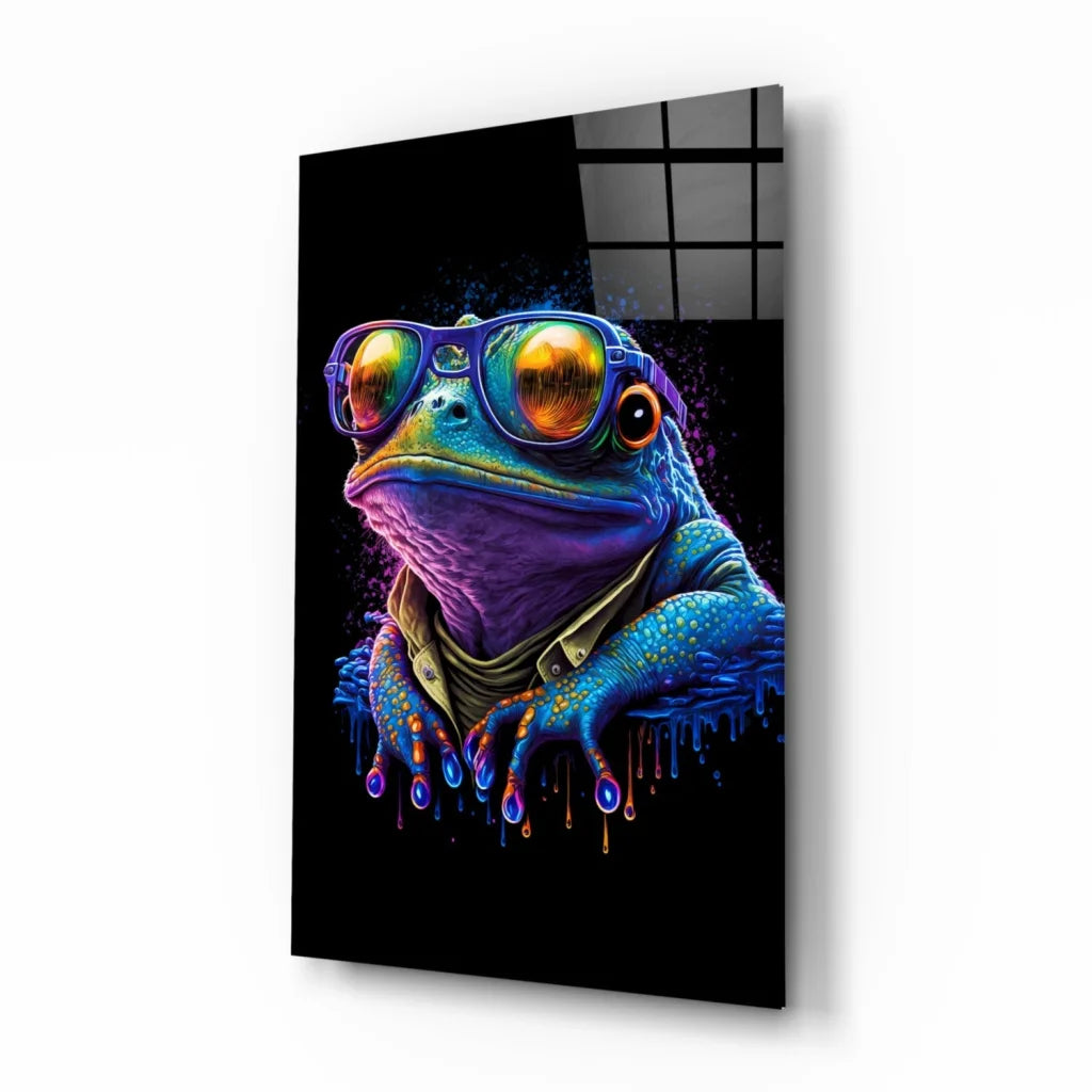 Neon Frog Glass Wall Art with Reflective Goggles and Paint Drips | Insigneart USA | vintageantiquesgifts.com