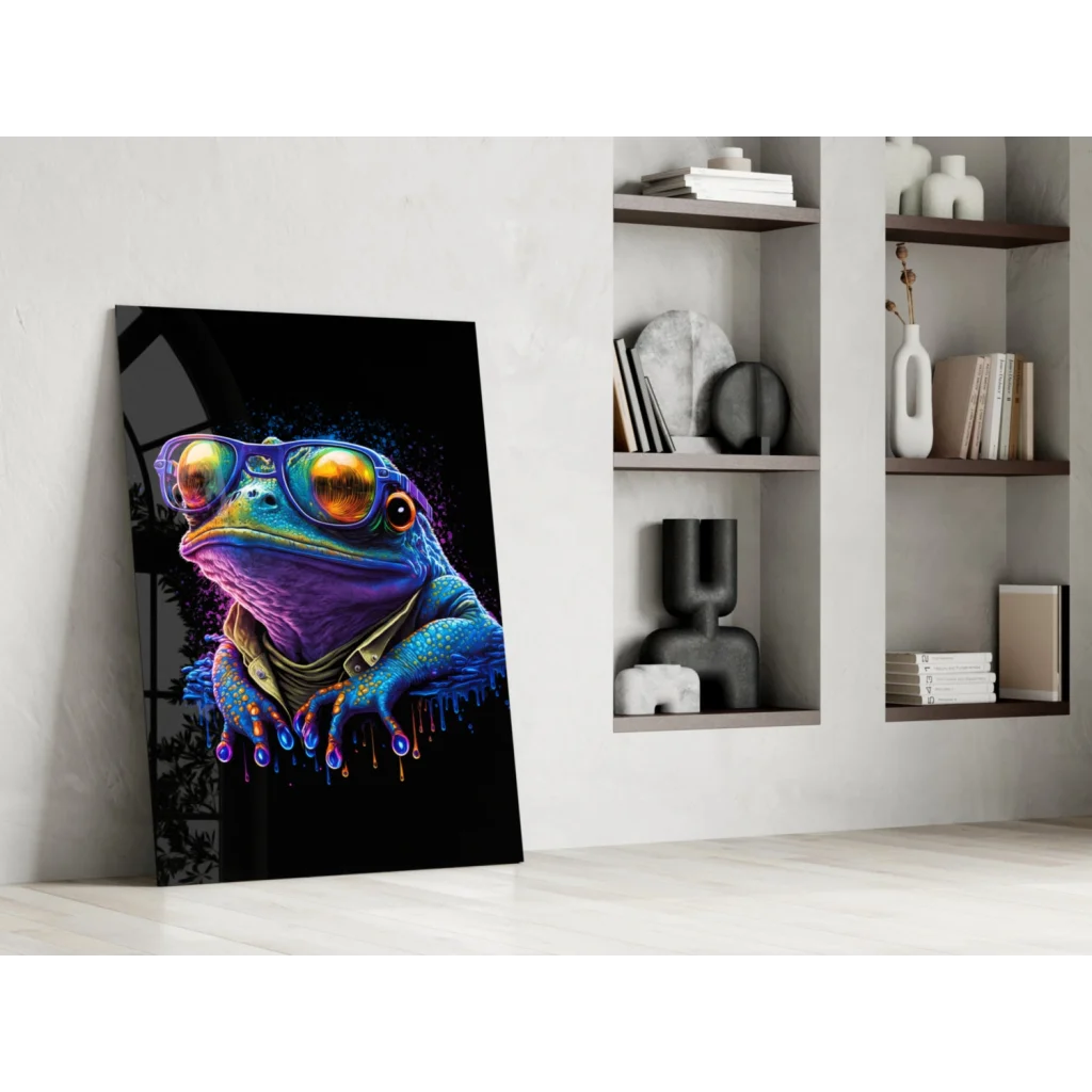 Vibrant neon frog in blue purple on sleek black glass wall art with orange goggles