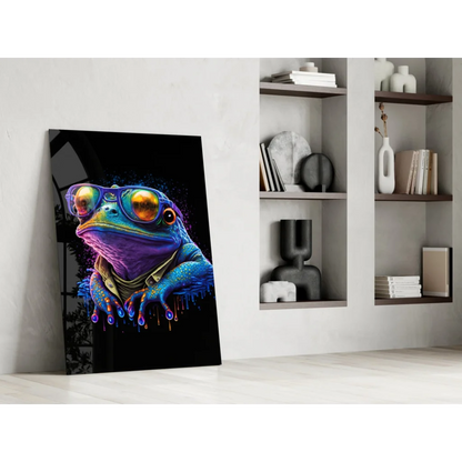 Vibrant neon frog in blue purple on sleek black glass wall art with orange goggles
