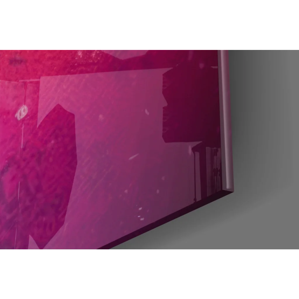 Funky giraffe glass wall art with rainbow sunglasses and vibrant magenta tv screen