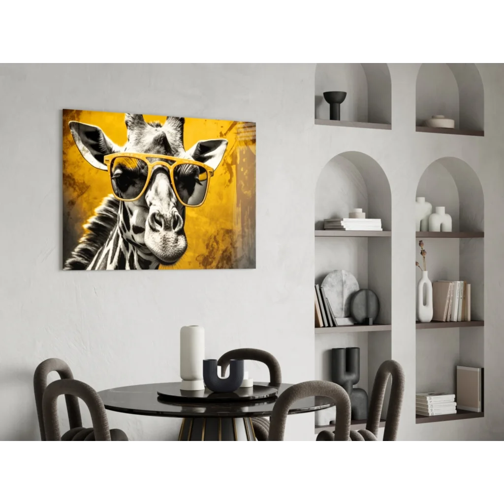 Cool giraffe glass wall art with funky yellow sunglasses