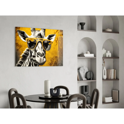 Cool giraffe glass wall art with funky yellow sunglasses