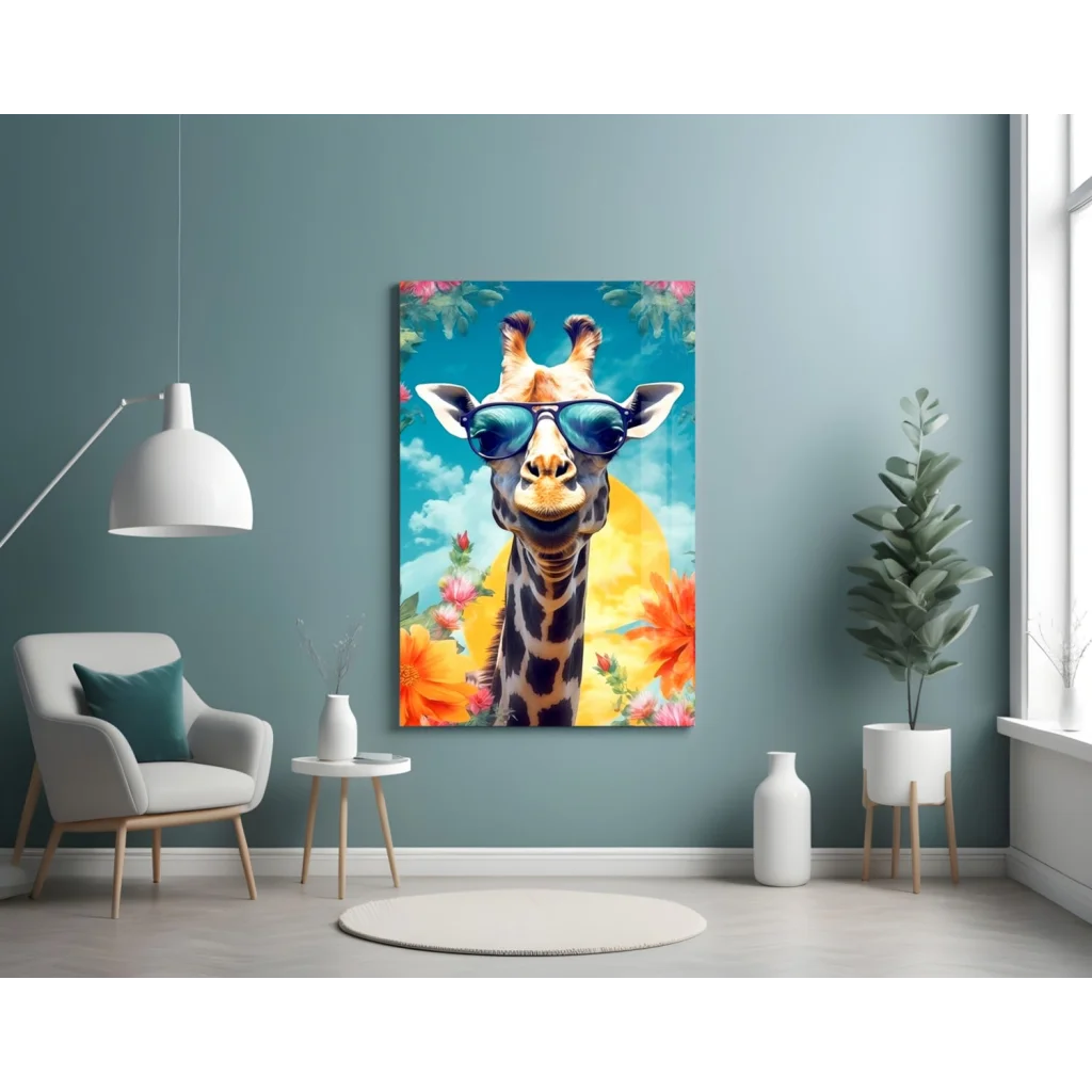 Cool giraffe glass wall art with sunglasses and flowers