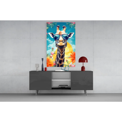 Cool giraffe glass wall art with sunglasses and flowers