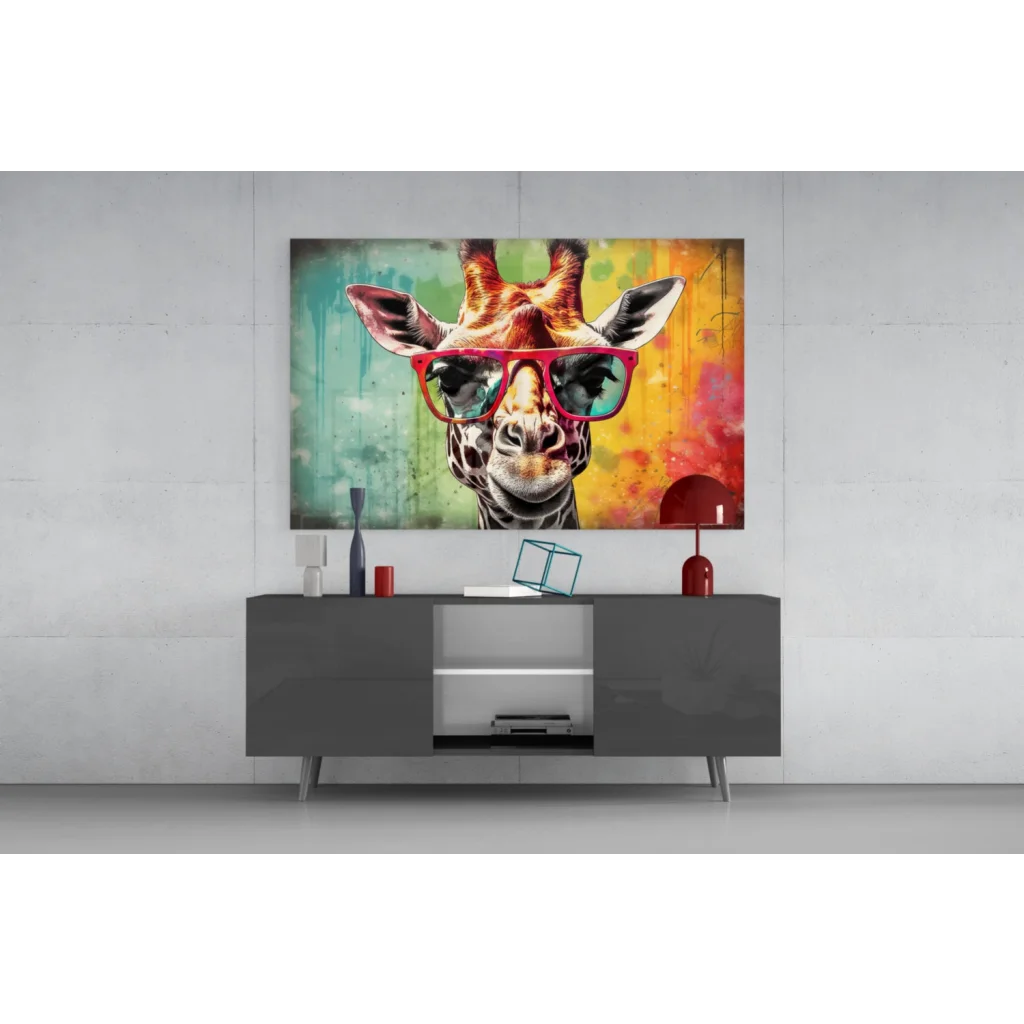Vibrant giraffe in red sunglasses on graffiti glass wall art canvas