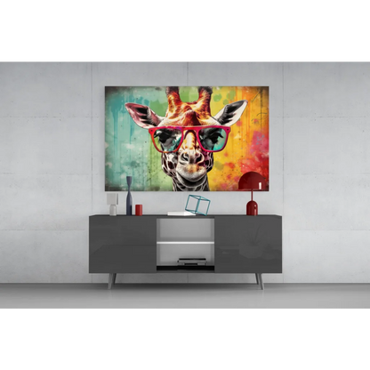 Vibrant giraffe in red sunglasses on graffiti glass wall art canvas