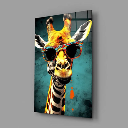 Vibrant giraffe in colorful sunglasses on glass wall art canvas print