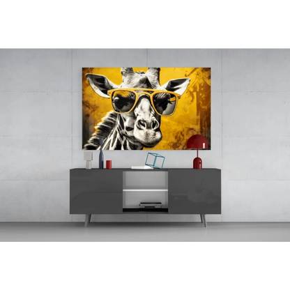 Cool giraffe glass wall art with funky yellow sunglasses