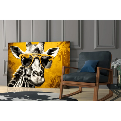 Cool giraffe glass wall art with funky yellow sunglasses on vibrant canvas