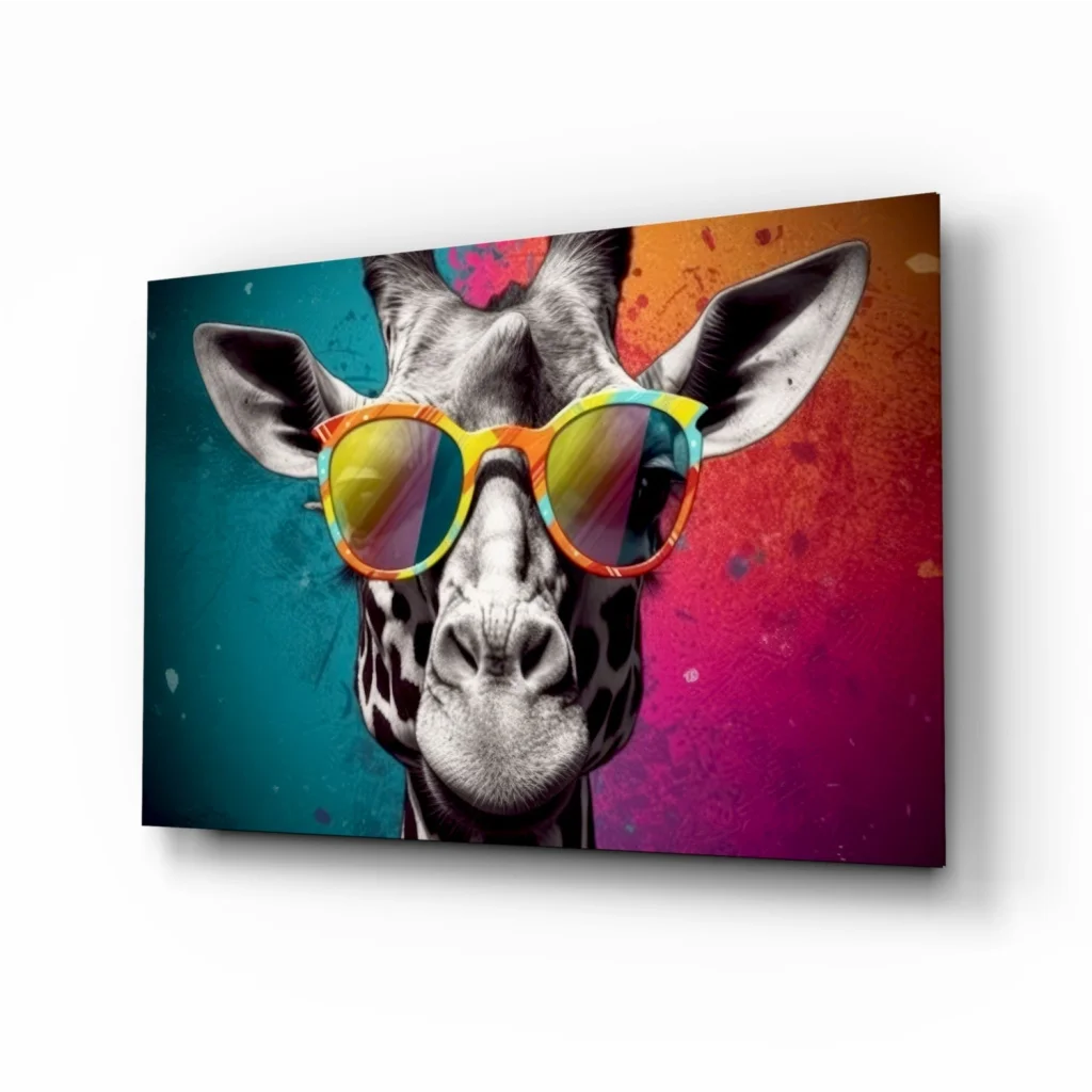 Funky giraffe glass wall art with rainbow sunglasses on vibrant canvas print