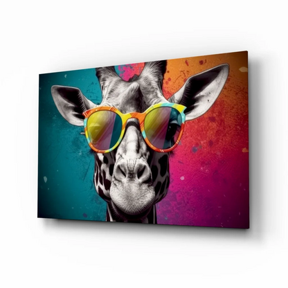 Funky giraffe glass wall art with rainbow sunglasses on vibrant canvas print