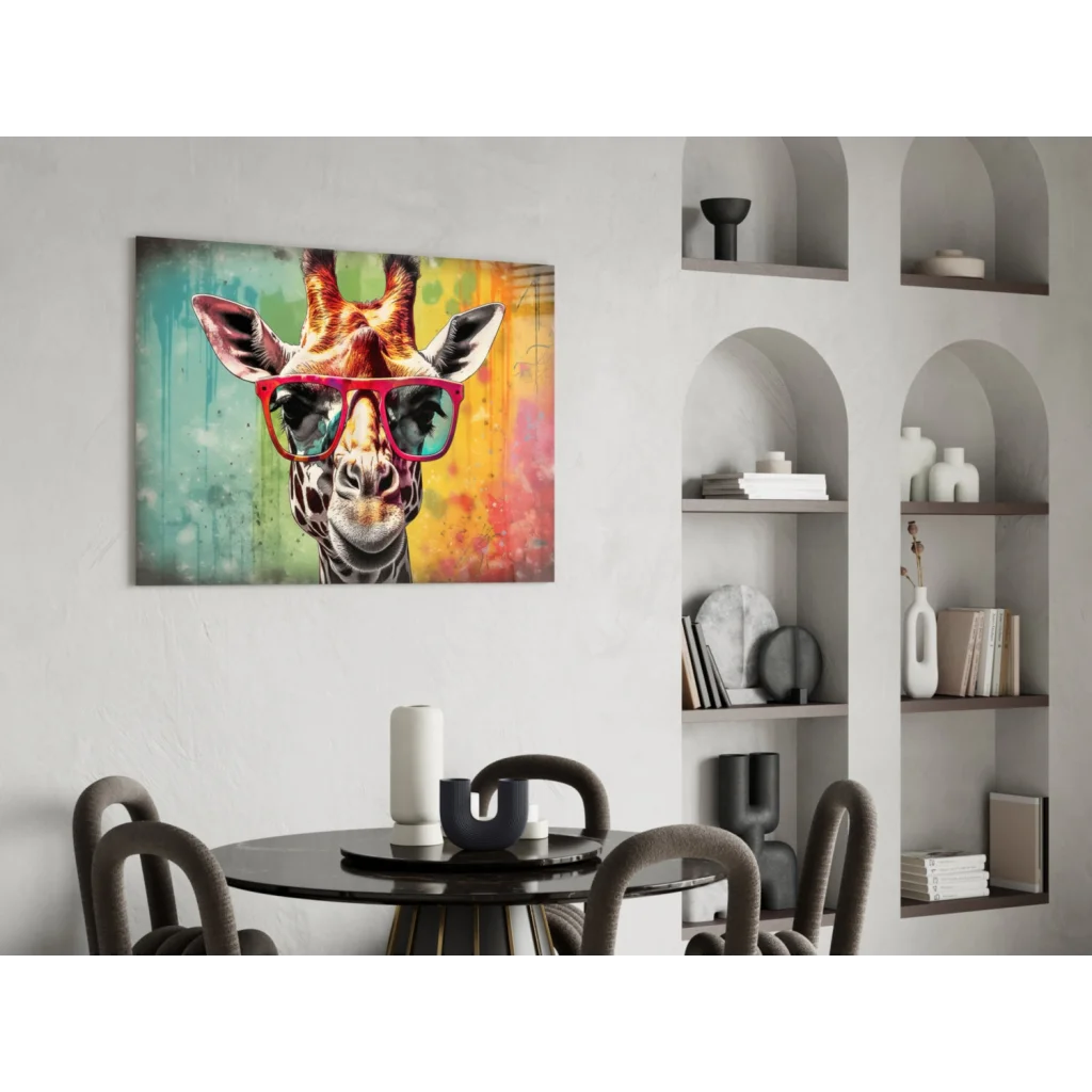 Vibrant giraffe in red sunglasses on rainbow glass wall art