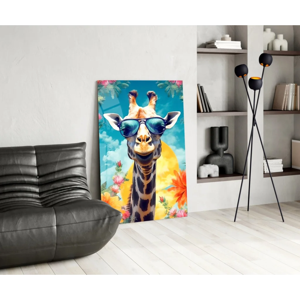 Cool giraffe in blue sunglasses on colorful floral glass wall art