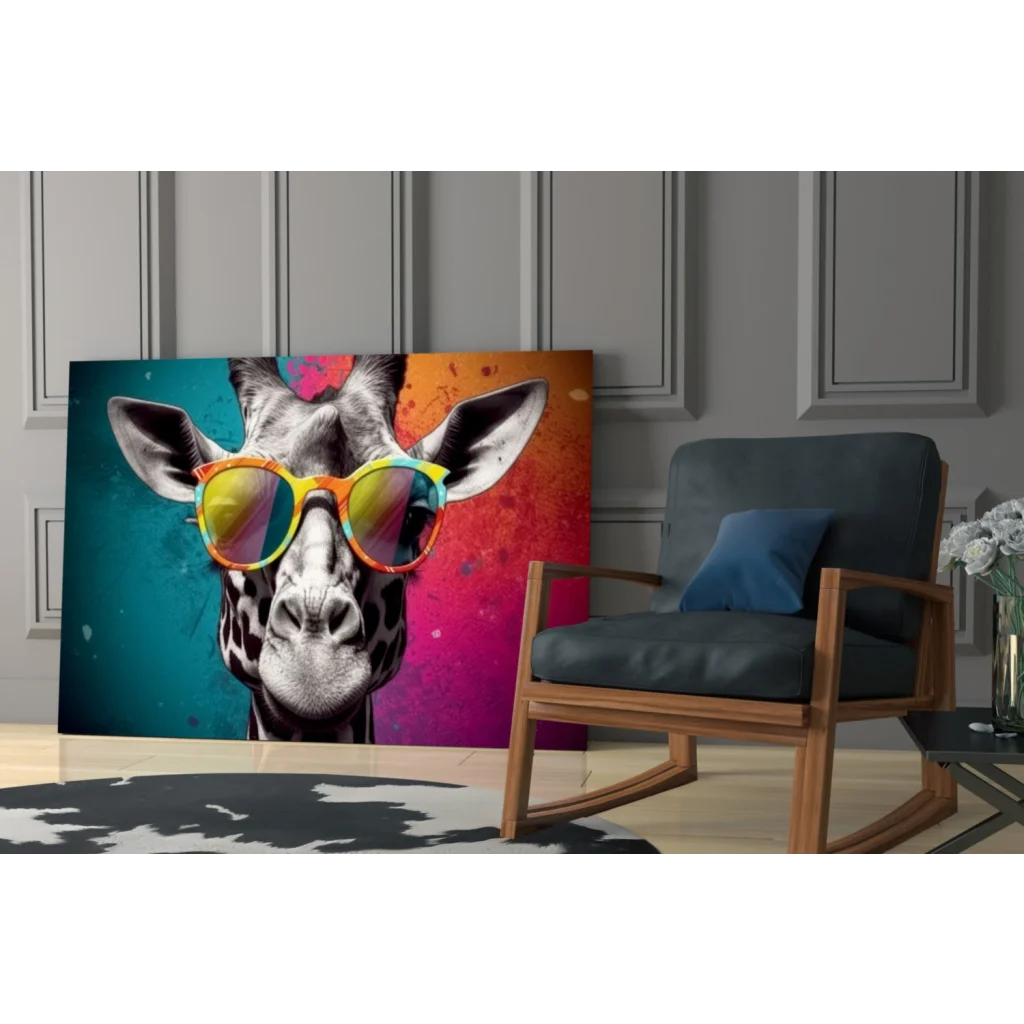 Funky giraffe in rainbow sunglasses on vibrant pop-art glass wall art