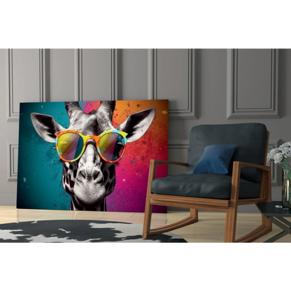 Funky giraffe in rainbow sunglasses on vibrant pop-art glass wall art