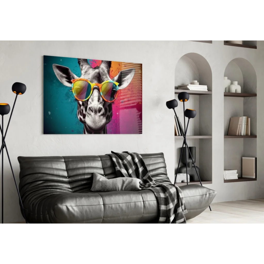 Funky giraffe glass wall art with rainbow sunglasses on vibrant canvas