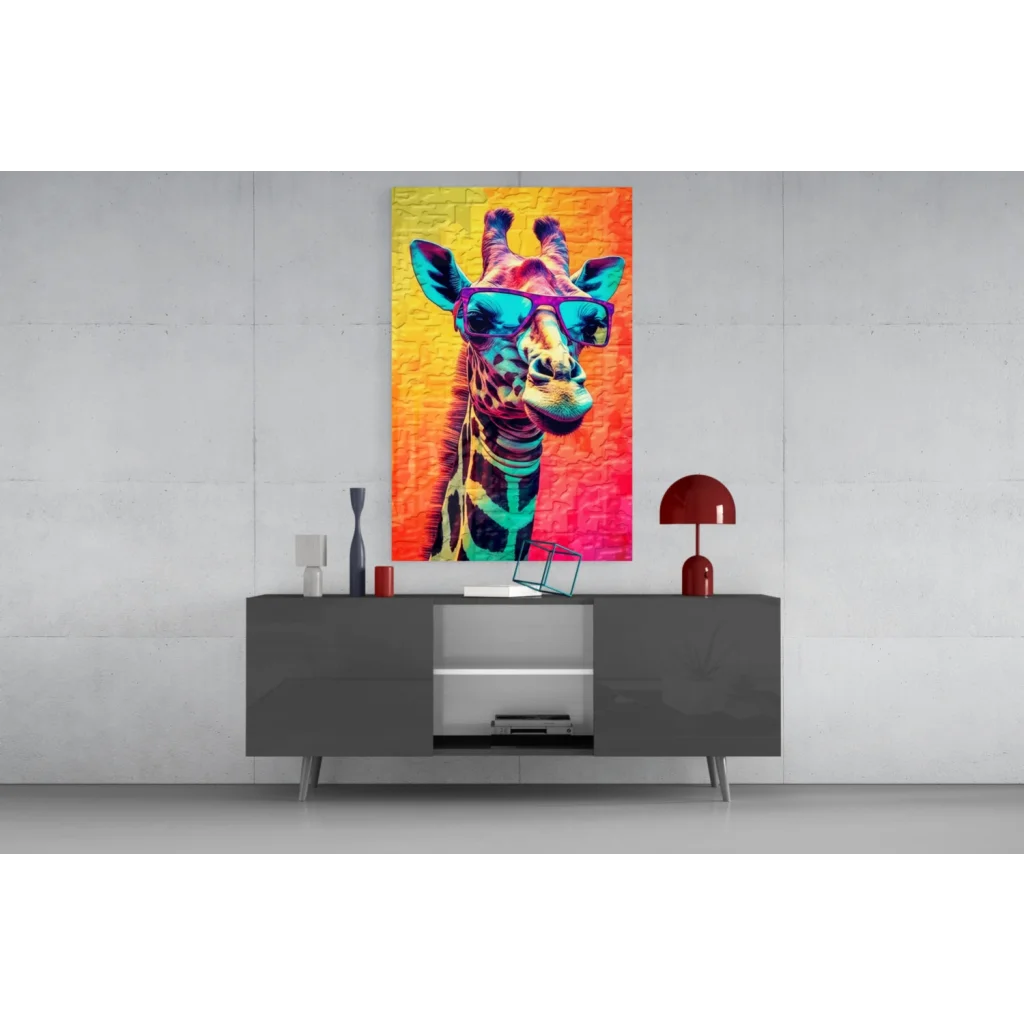 Cool giraffe in sunglasses pop art wall art on vibrant gradient canvas