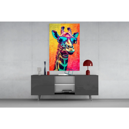 Cool giraffe in sunglasses pop art wall art on vibrant gradient canvas