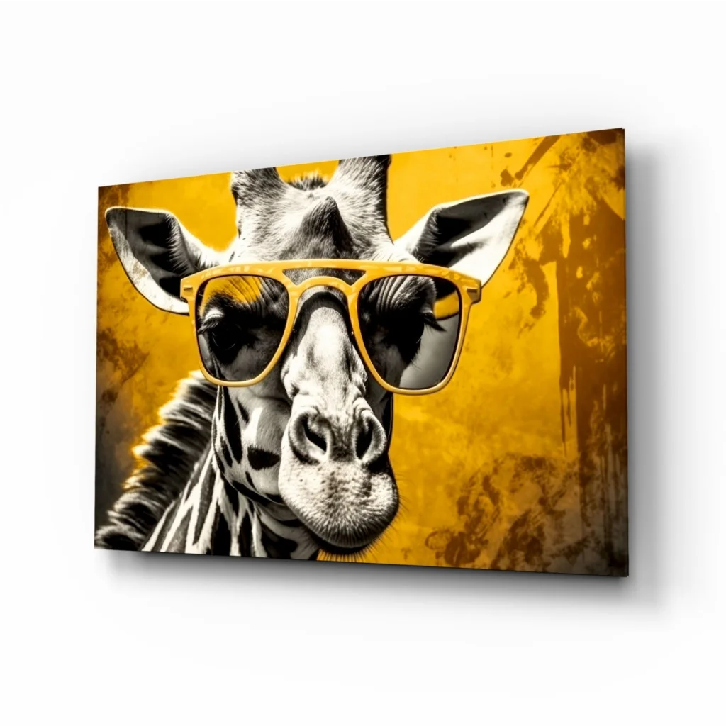 Cool giraffe glass wall art with funky yellow sunglasses