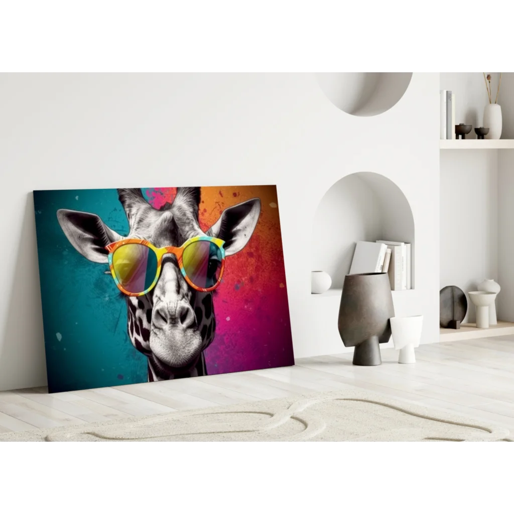 Funky giraffe in rainbow sunglasses on vibrant teal-magenta glass wall art