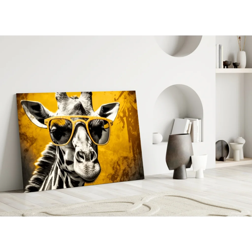 Cool giraffe glass wall art with funky yellow sunglasses