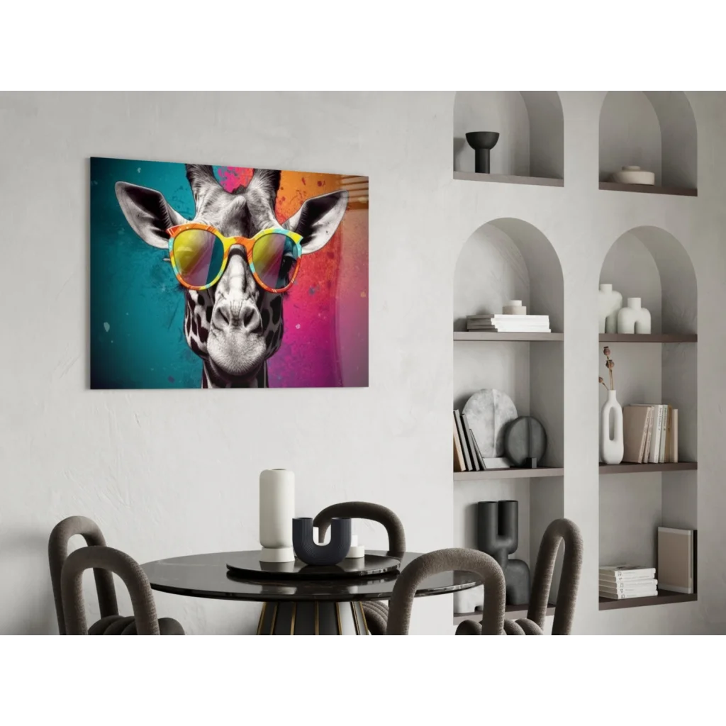 Funky giraffe glass wall art with rainbow sunglasses on vibrant canvas print